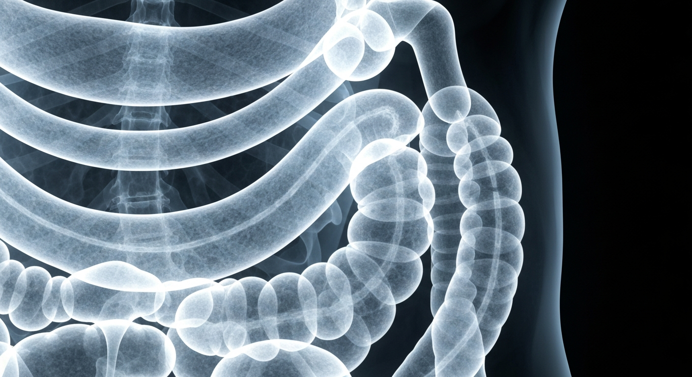 A translucent, ghostly X-ray photograph showing the intricate internal structures of the human digestive system, glowing against a dark background and conceptually representing the hidden risks of unproven gut health advice from social media.