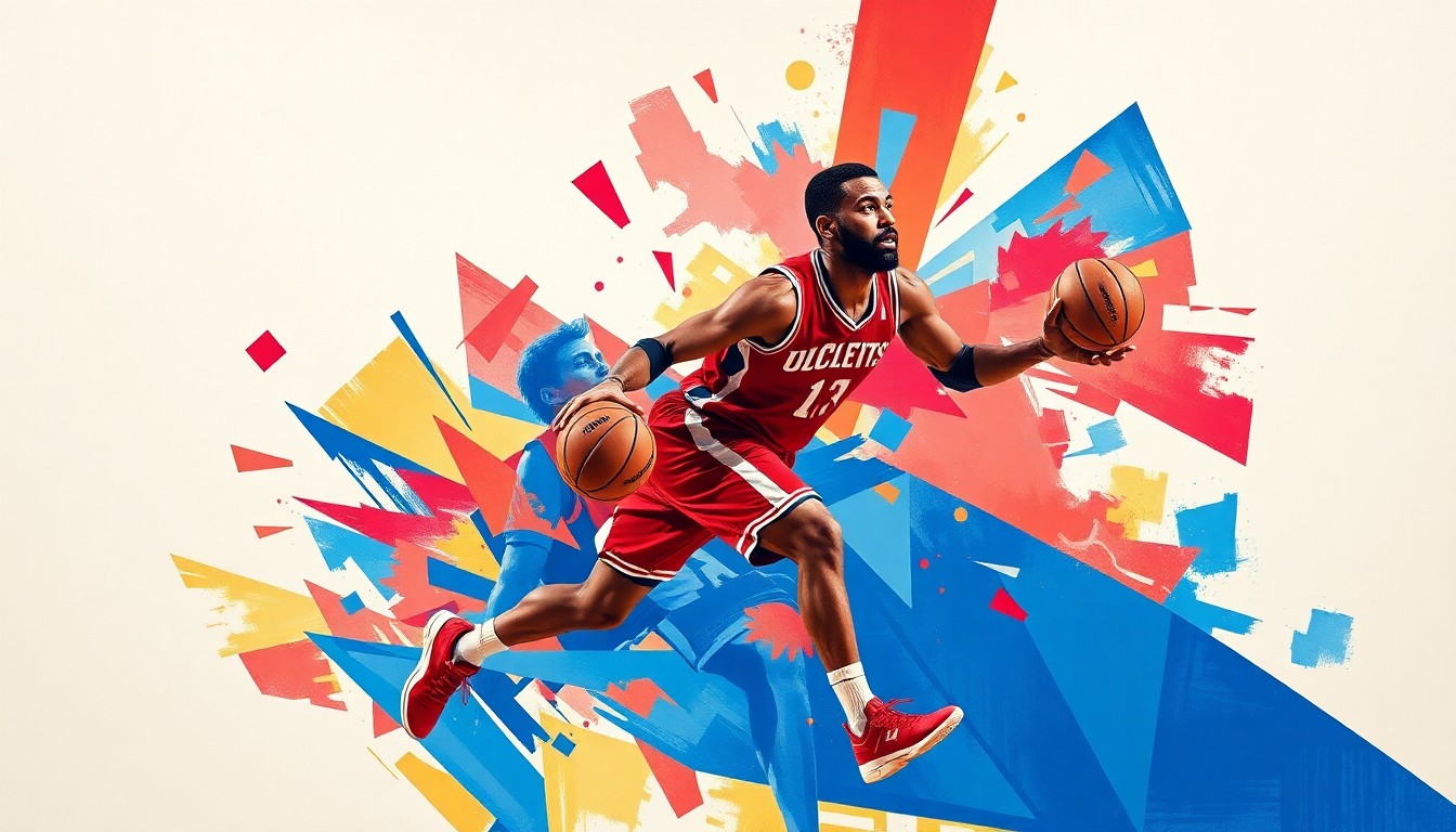 A cubist, geometric painting depicting a college basketball player in motion, with sharp, overlapping planes of color representing the player's dynamic movements on the court.