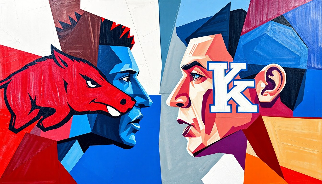 A fractured, geometric painting in the style of Pablo Picasso, using sharp, overlapping planes of cardinal red, white, and royal blue to conceptually represent the dynamic recruiting process surrounding the transfer of basketball player Jasper Johnson.