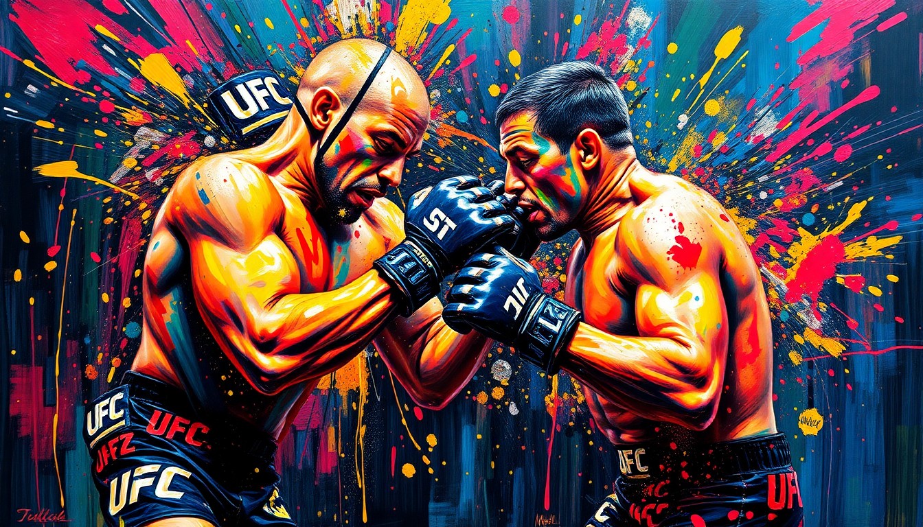 An abstract, expressionist painting in vibrant neon colors, capturing the raw energy and physical intensity of a UFC fight, with the fighters' forms dissolving into unrecognizable splatters of paint, conceptually illustrating the controversy and debate surrounding the incident.