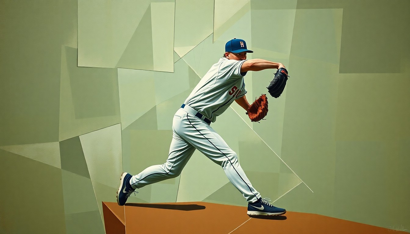 A fragmented, cubist-style painting depicting a baseball pitcher's delivery broken down into geometric shapes and planes in muted, earthy tones, conceptually representing the strategic nuance and discipline behind the pitcher's dominant performance.