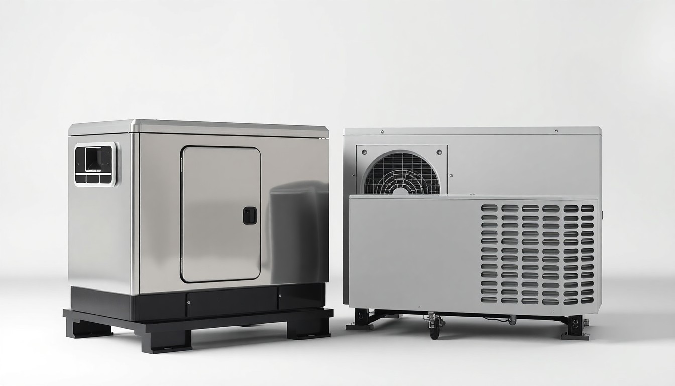 A high-end, photorealistic studio still-life photograph featuring a polished, chrome-plated generator and an HVAC unit arranged elegantly on a clean, white seamless background, conceptually representing the premium quality and advanced technology of Carolina Air & Power's expanded service offerings.