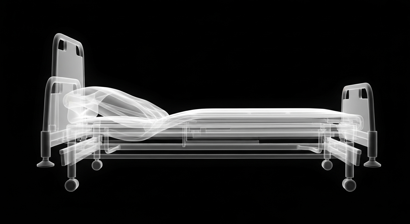 A translucent X-ray photograph revealing the intricate metal frame of a hospital bed, with the ghostly lines and shadows highlighting the internal structure that enables patient care.