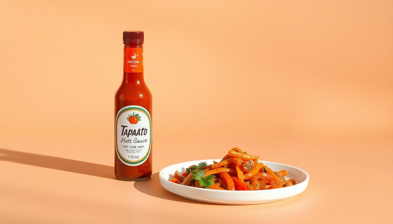 A minimalist, high-end studio still life photograph featuring a bottle of Tapatío hot sauce, a glass of water, and a small plate of protein-rich food, all arranged elegantly on a clean, monochromatic background, symbolizing the impact of GLP-1 drugs on the hot sauce market.