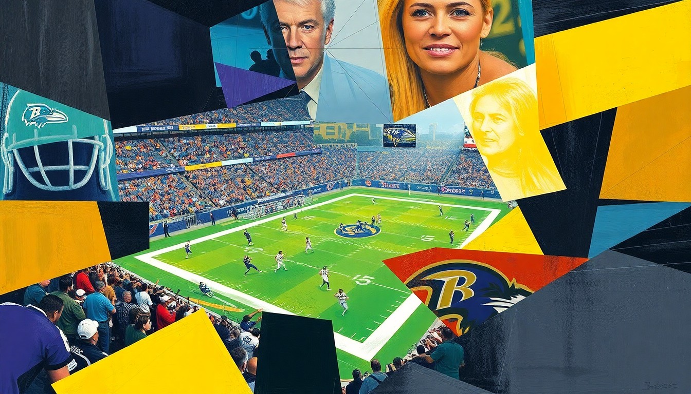 A cubist, geometric painting depicting a Ravens football game, with the players and field broken down into sharp, overlapping planes of color and shape, conveying the idea of a collaborative, adaptive offensive system.