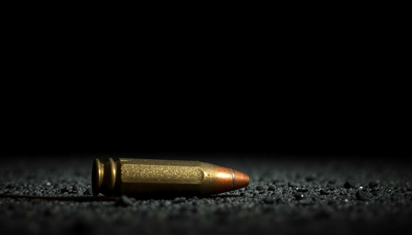 An extreme close-up photograph of a spent bullet casing on the ground, its metallic surface and dramatic shadows creating a stark, gritty visual metaphor for the investigation into a recent shooting incident.