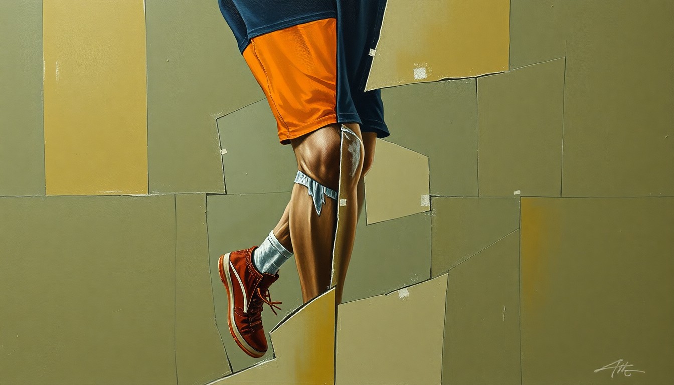 A fragmented, geometric painting depicting a basketball player's injured knee, with overlapping planes of muted earth tones conveying the complexity of the injury and its impact on the team.