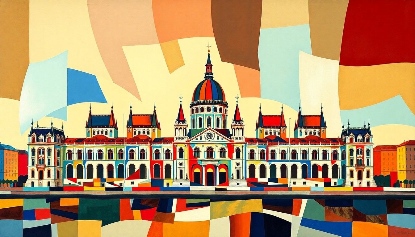 An abstract, avant-garde painting featuring the Hungarian parliament building in Budapest, with the structure repeated in overlapping, fractured, geometric waves of color in shades of blue, green, and red, conveying a sense of political upheaval and transition.
