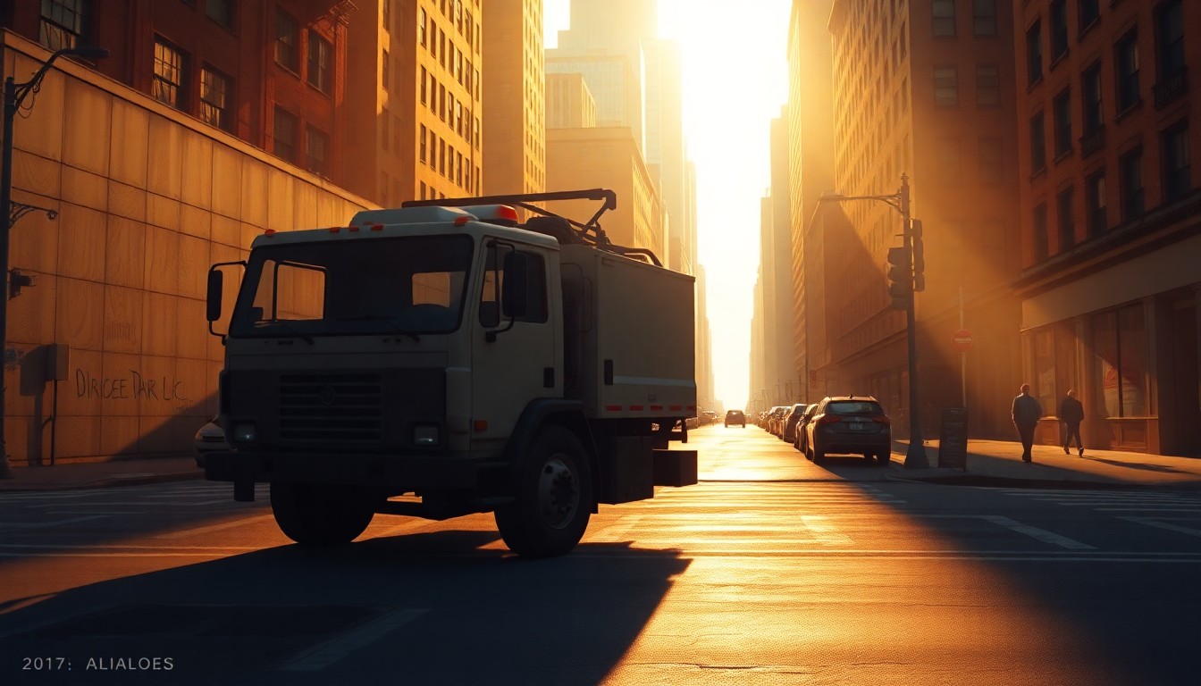 A photorealistic painting of a New York City street sweeper truck parked on a quiet urban street, bathed in warm, golden sunlight and deep shadows, conveying a sense of civic duty and municipal service.