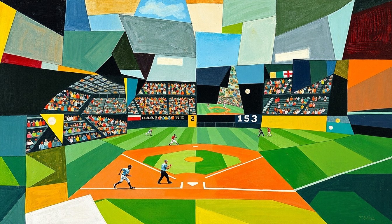 A fractured, geometric painting in the style of Pablo Picasso, breaking down a baseball game or match into sharp, overlapping planes of color and abstract shapes, representing the dynamic shifts in the Boston Red Sox farm system.