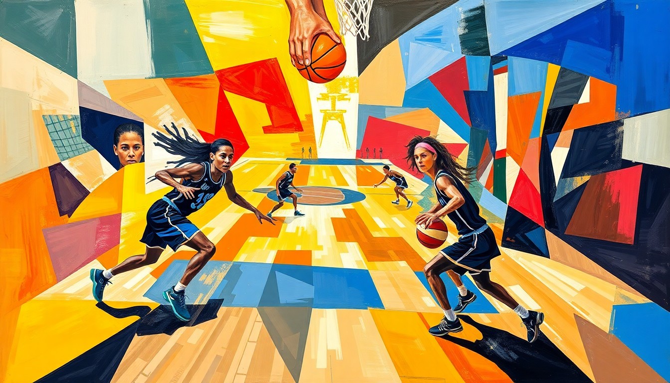 A fractured, cubist-style painting depicting the dynamic movement and energy of a WNBA basketball game, with the players' forms and the ball breaking down into sharp, overlapping geometric shapes and planes of vibrant color.