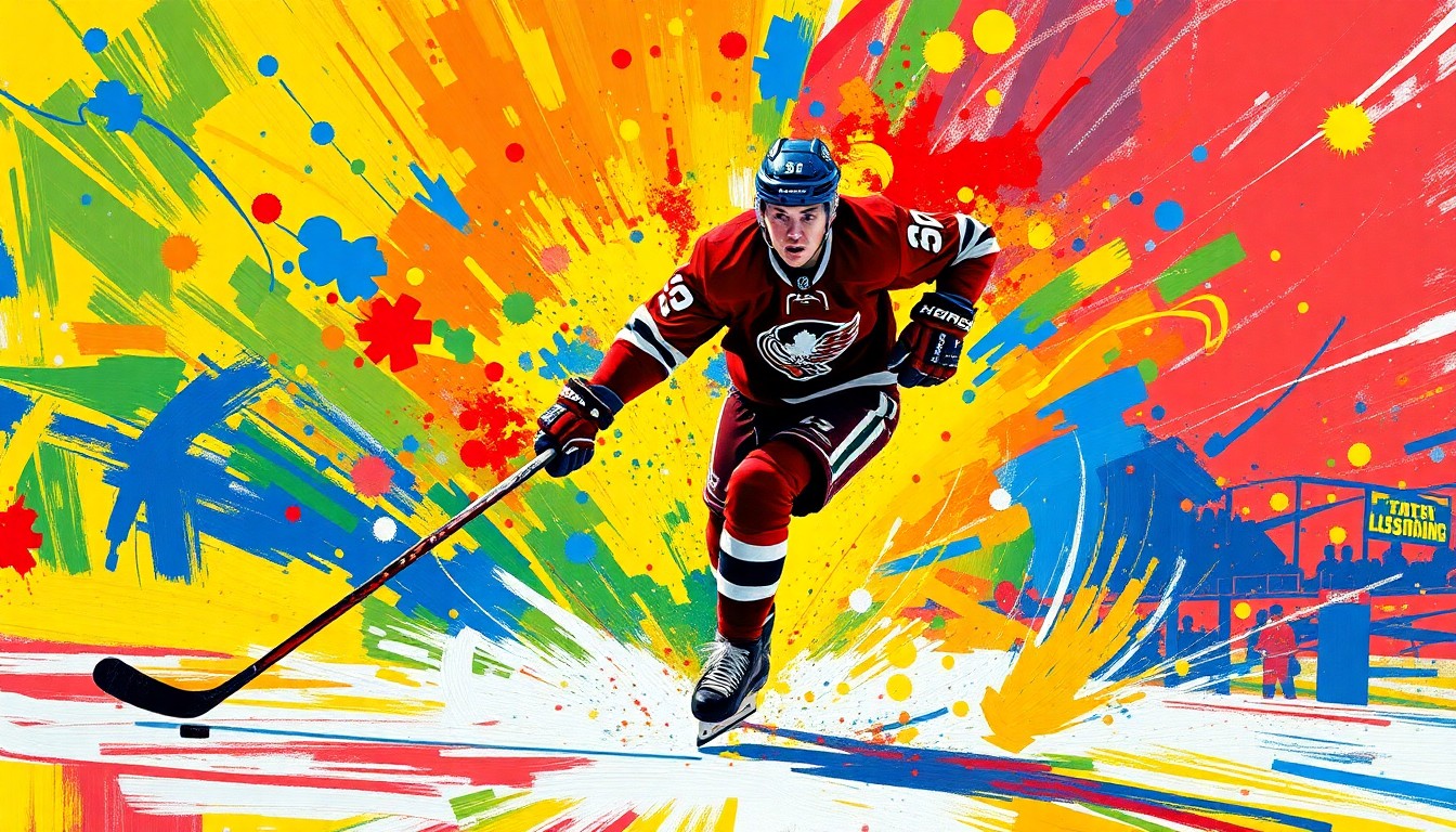 An abstract, expressionist painting in vibrant neon colors capturing the raw energy and movement of a hockey player scoring a goal, with the player's jersey number and the puck blending into the energetic brushstrokes.