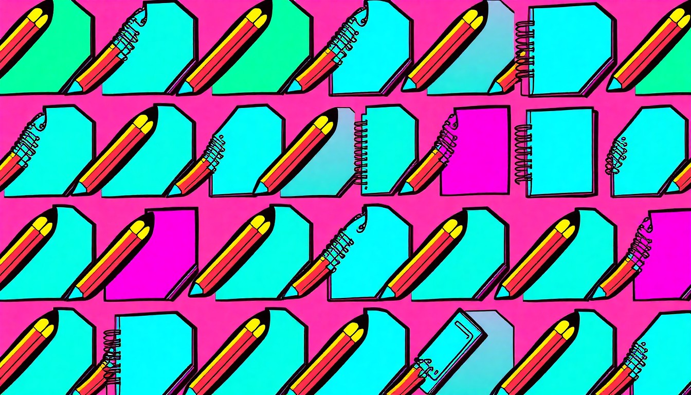 A high-contrast silkscreen print of a single, iconic school supply item like a pencil or notebook repeated in a vibrant, neon-colored grid, conceptually representing the tensions and uncertainties surrounding the ongoing labor negotiations in the Los Angeles Unified School District.