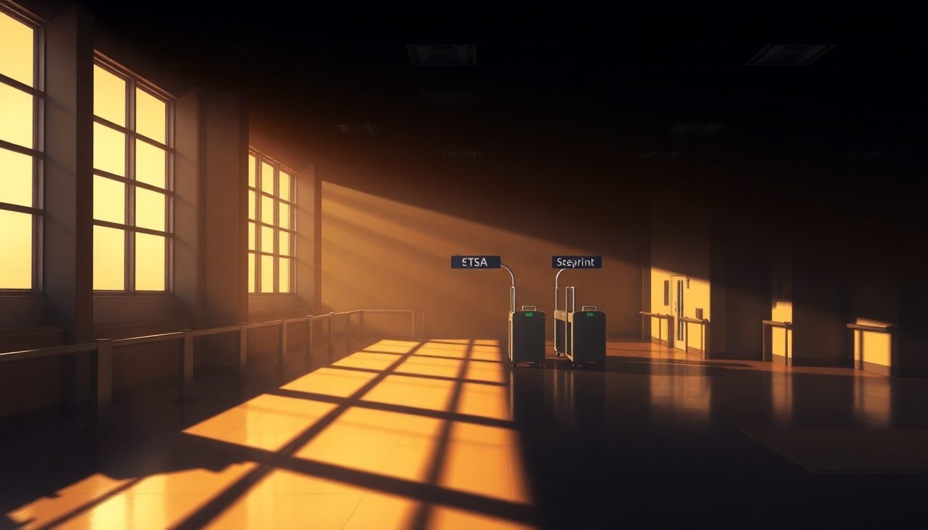 A cinematic painting of a dimly lit TSA security checkpoint, with a lone security officer standing at their post, the scene bathed in warm, diagonal sunlight and deep shadows, conveying a sense of melancholy and the challenges of the government shutdown.