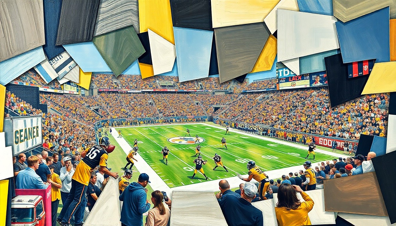 A cubist-style painting depicting a football game in a fractured, geometric style, with overlapping planes of color and shape representing the complex relationship between a star quarterback and his team.