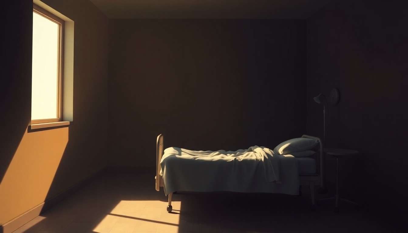 A quiet, cinematic painting of an empty hospital bed in a dimly lit hospice room, the bed bathed in warm, diagonal sunlight and deep shadows, conceptually representing the legal dispute over gender identity policies in New York's hospice facilities.