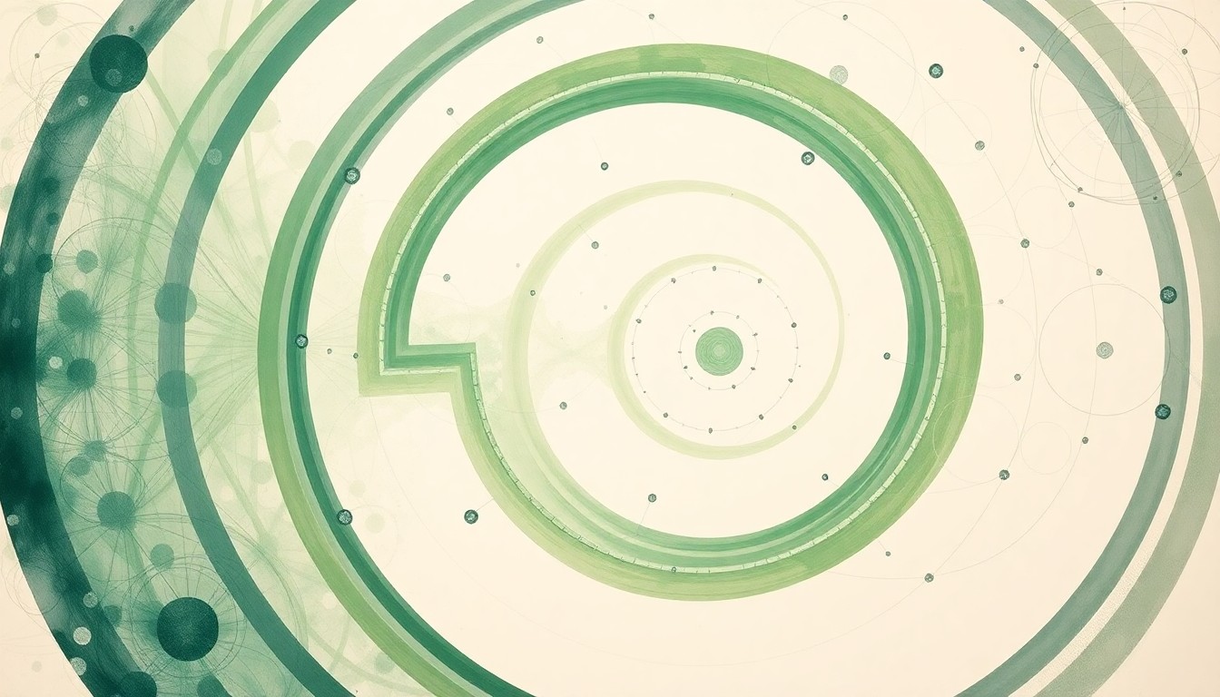 A bold, abstract painting in muted tones of green, blue, and gray, featuring sweeping geometric arcs, concentric circular patterns, and precise spiral structures, visually representing the complex neural networks and rhythmic activity of the brain.