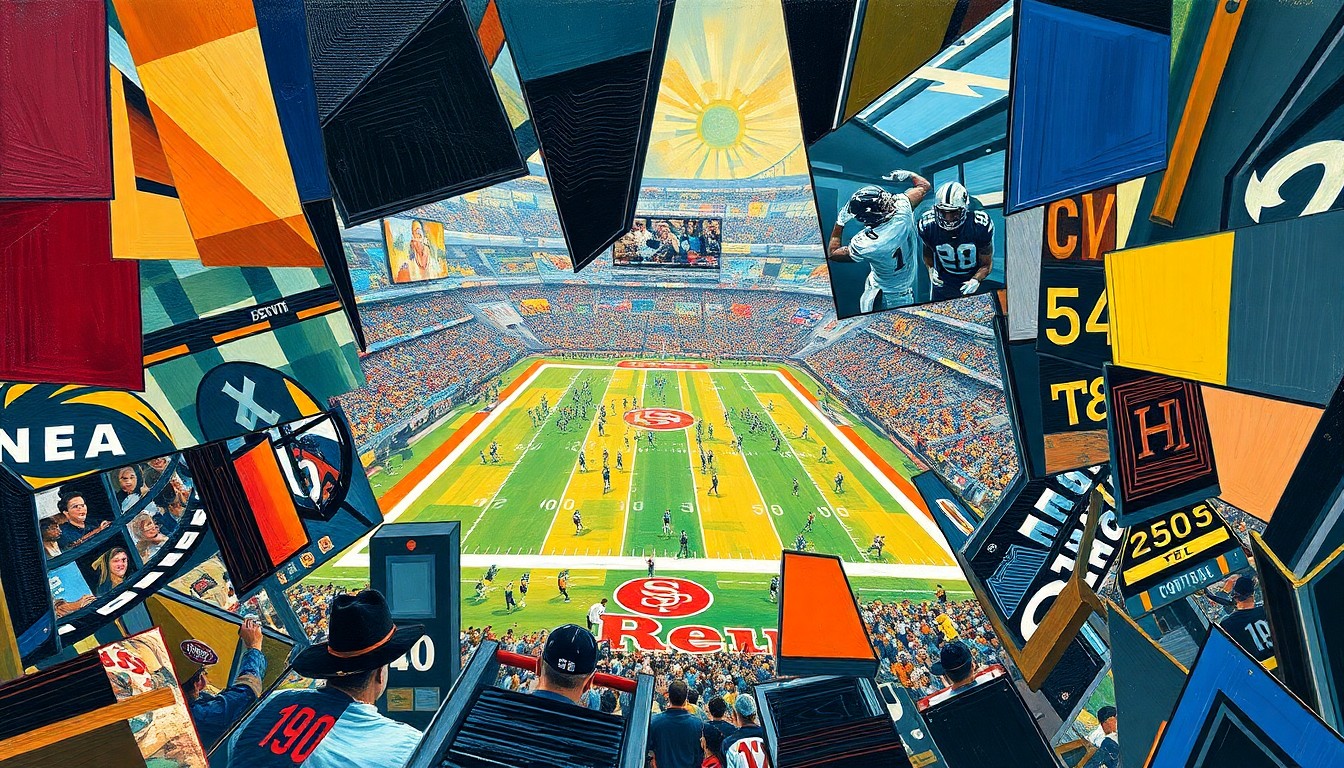 A cubist, geometric painting depicting fragmented, overlapping shapes and planes that represent a football game or NFL draft event, conveying the complex dynamics between coaches and media.