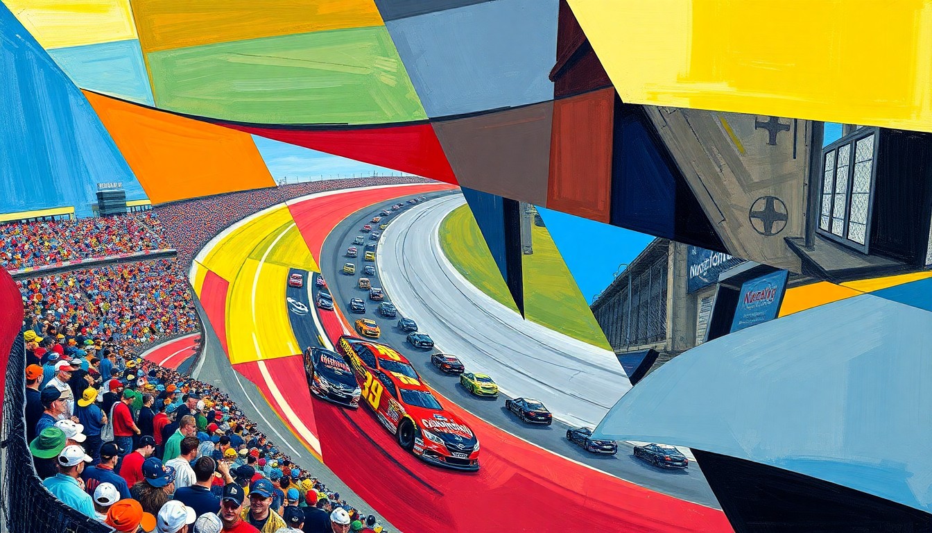 A cubist, geometric painting depicting a NASCAR race scene, with the cars, track, and crowd broken down into sharp, overlapping planes of color, capturing the energy and dynamism of the sport.