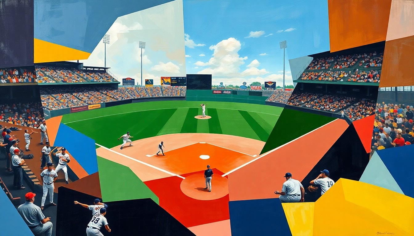 A cubist-style painting featuring overlapping geometric shapes and planes of color, abstracting a baseball game into a dynamic, multi-perspective composition.