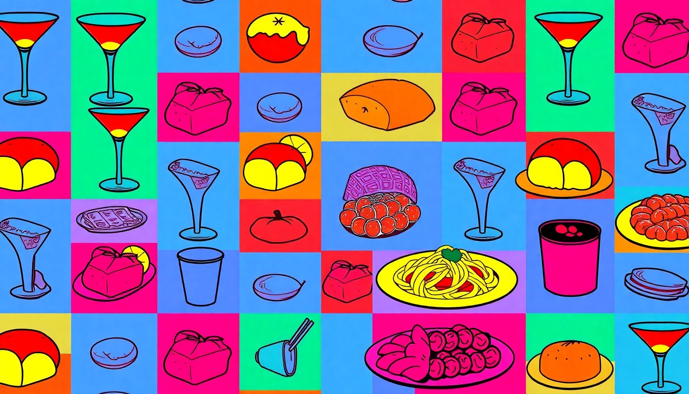 A brightly colored, high-contrast silkscreen print of a single, iconic food item repeated in a tight grid pattern, capturing the dynamic and innovative nature of San Francisco's culinary scene.