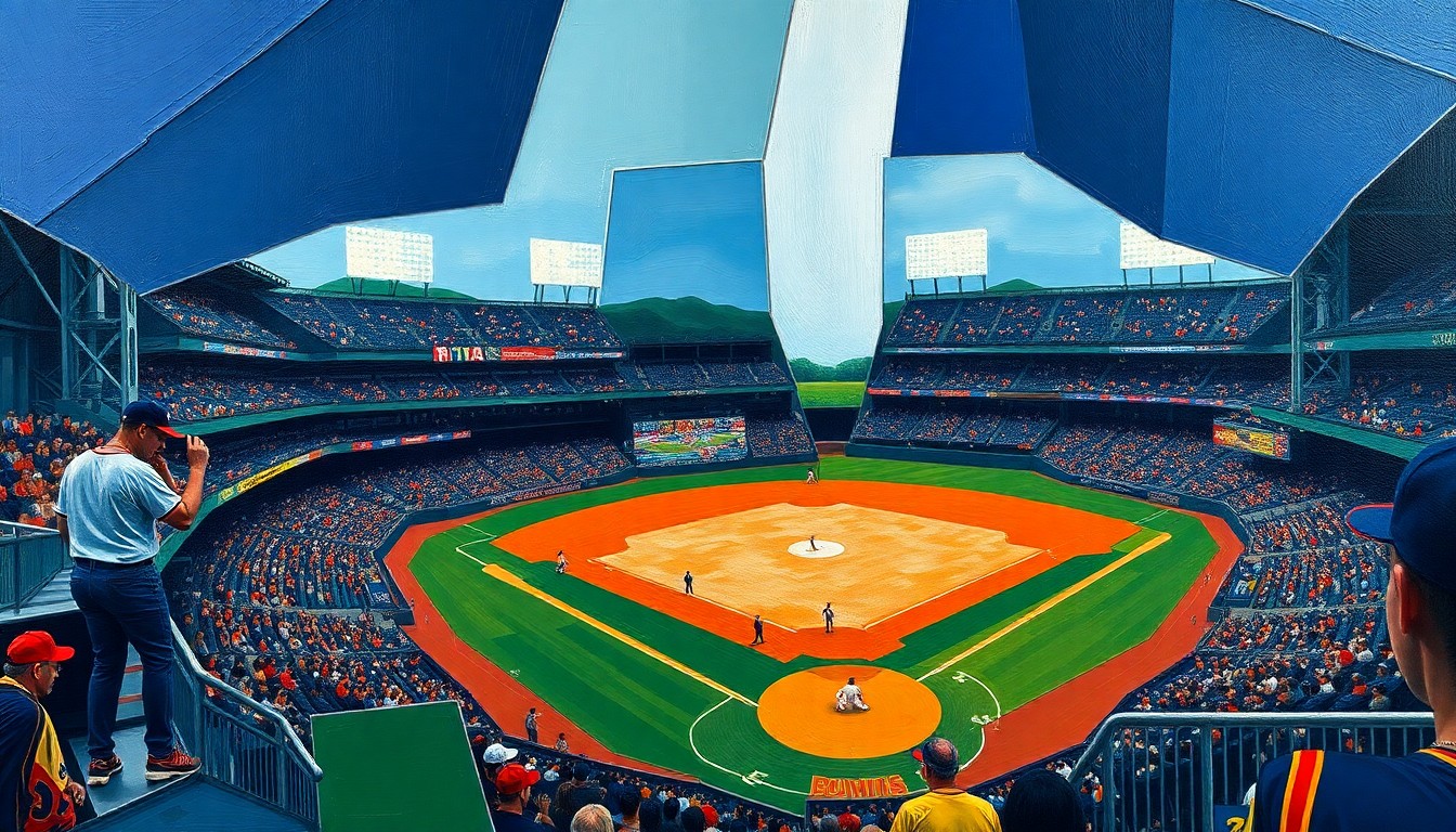 A fragmented, geometric painting depicting a baseball game from multiple angles, with sharp planes of navy, green, and orange, conceptually representing the major changes coming to MLB's structure and divisions.