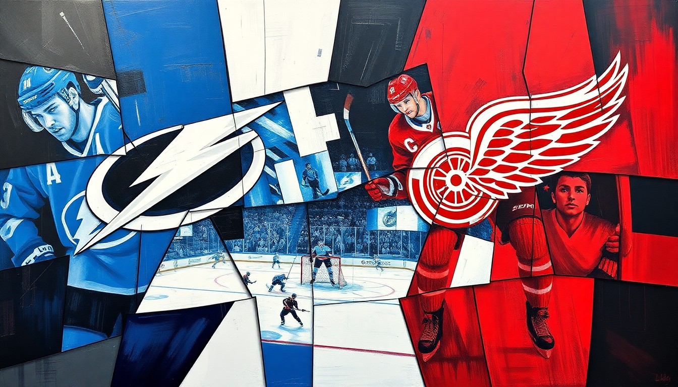 A cubist, geometric painting depicting a hockey game between the Tampa Bay Lightning and Detroit Red Wings, with the teams' official colors used in the overlapping, fragmented shapes.