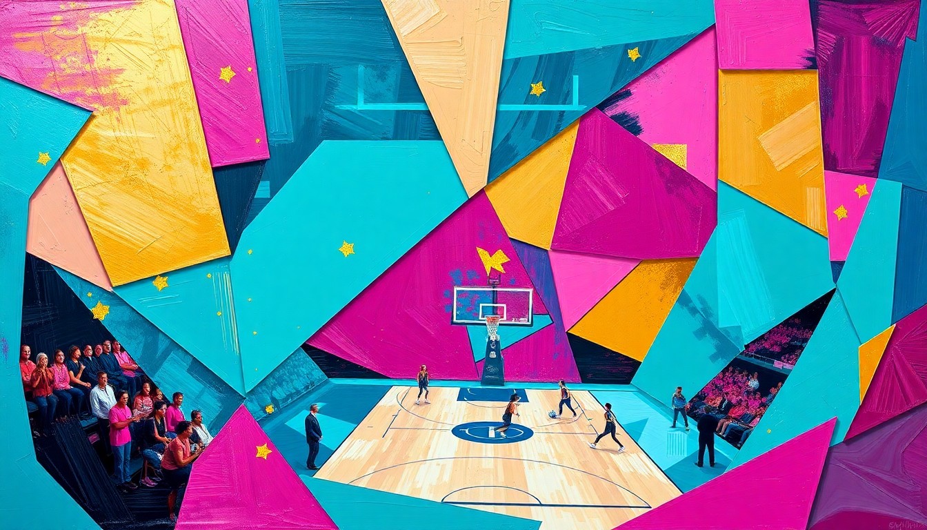 A cubist, geometric painting depicting a fragmented, multi-perspective view of a women's basketball game, with sharp planes of teal, magenta, and gold colors capturing the dynamic energy of the sport.