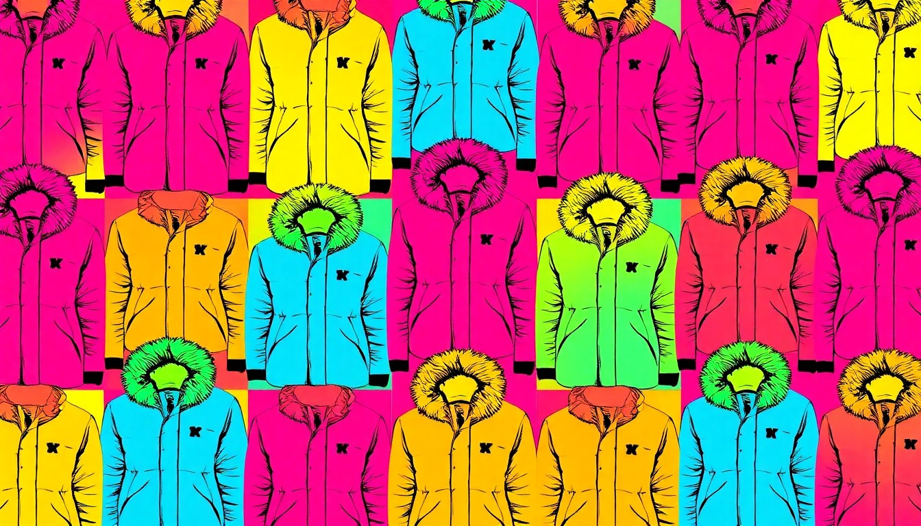 A brightly colored, high-contrast silkscreen print of a Moose Knuckles parka or jacket repeated in a tight grid pattern, using vibrant neon colors and heavy black outlines to transform the garment into a modern pop art piece.