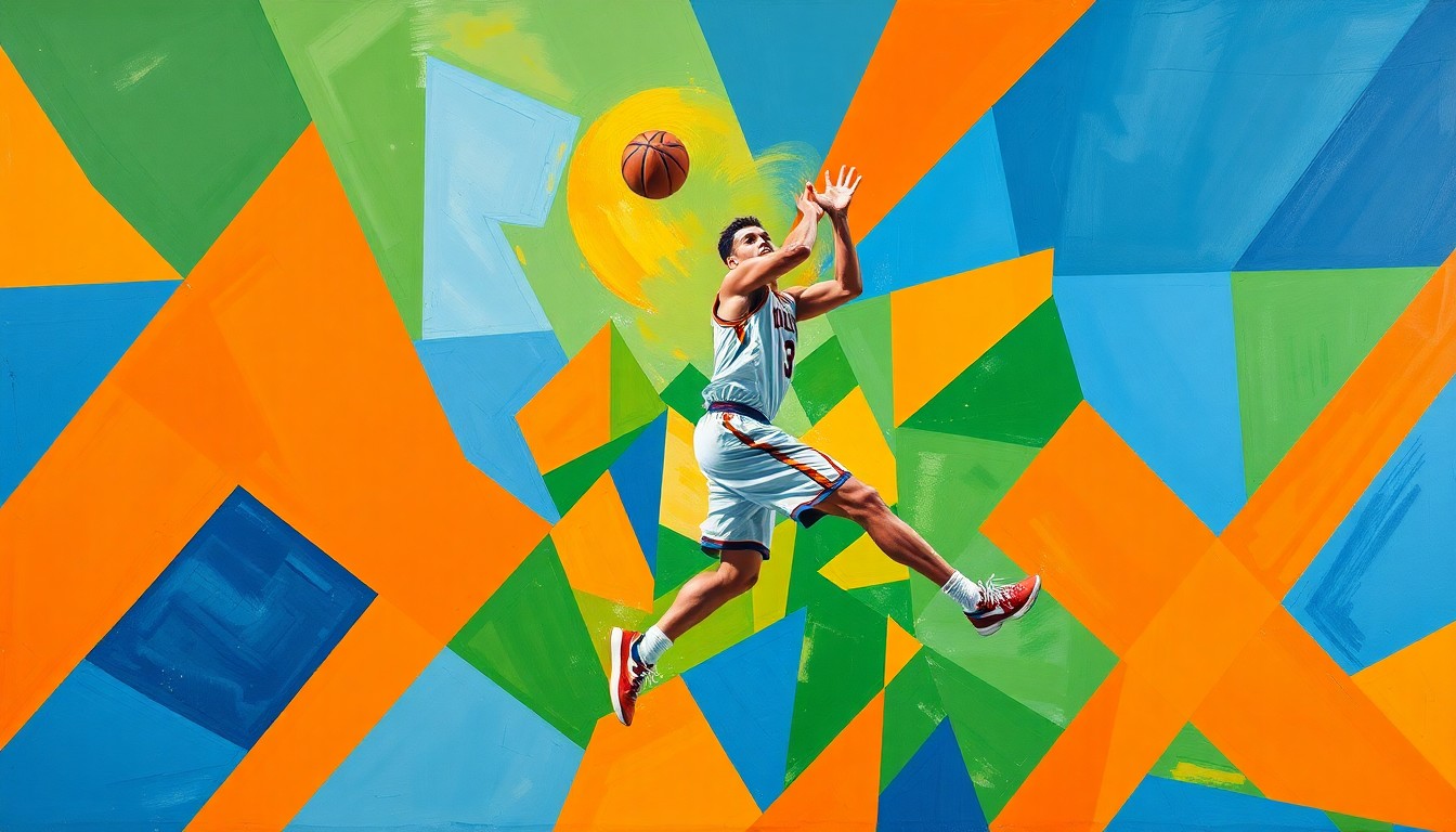 A fragmented, geometric painting in vibrant colors depicting the movements and actions of a college basketball player, conveying the dynamic and shifting nature of talent in the sport.