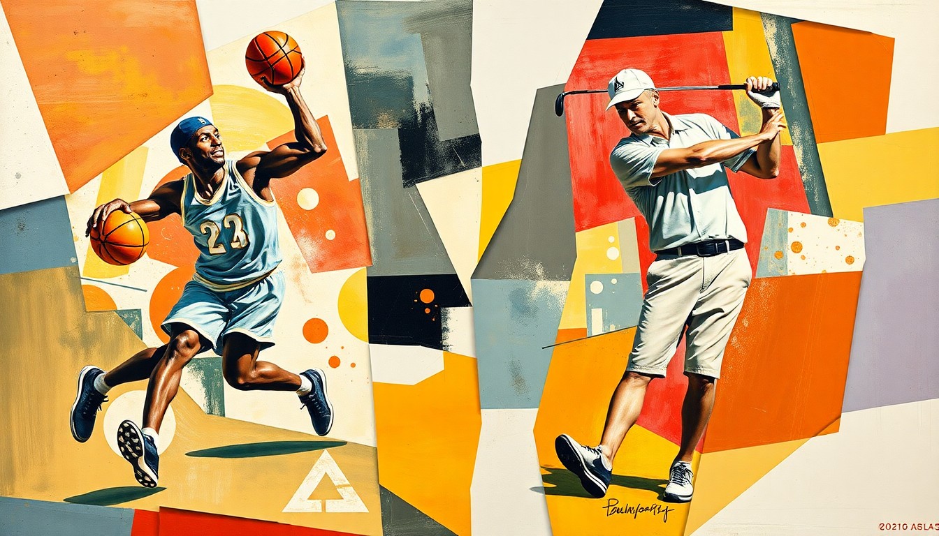 A fragmented, geometric painting depicting the overlapping movements of a basketball player and a golfer, conveying the shared challenges and approaches of top-level competitors.