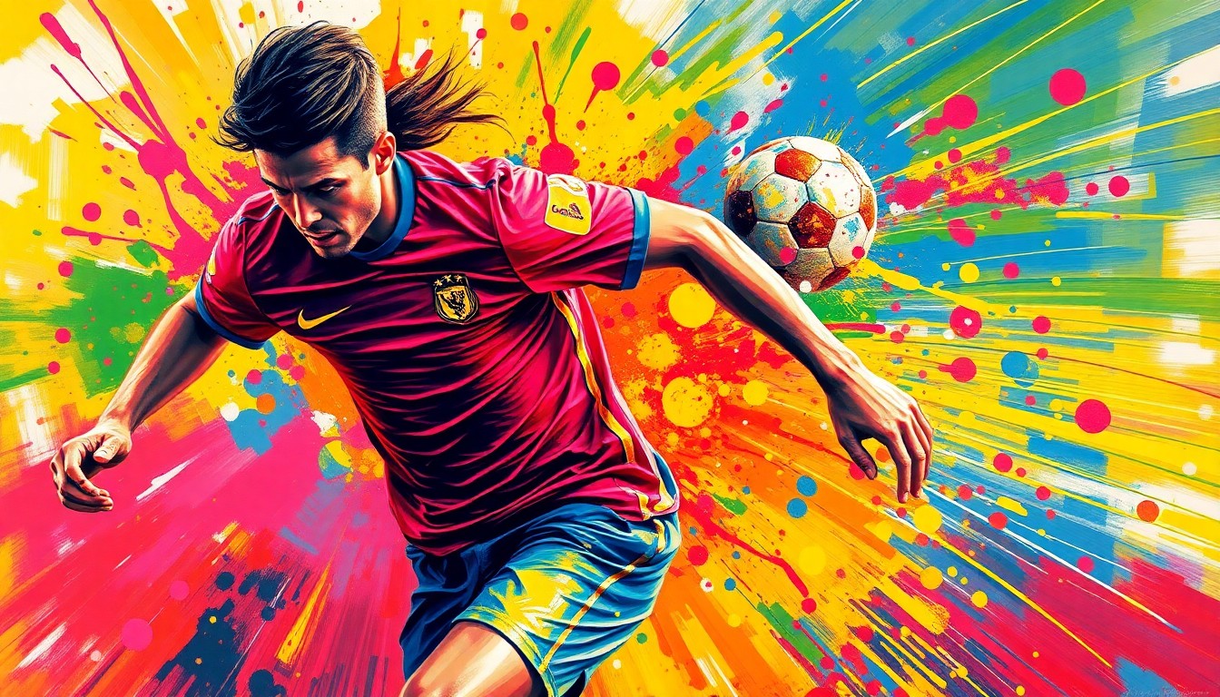 An extreme close-up of a soccer player's legs and torso, rendered in a vibrant expressionist style with rapid brushstrokes and neon colors, capturing the raw energy and competitive drive of the sport.