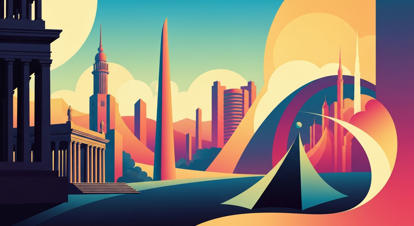 A highly stylized, geometric illustration depicting a sweeping, streamlined landscape with towering architectural forms in shades of blue, orange, and gray, conveying the grand scale and romance of travel in a time of crisis.