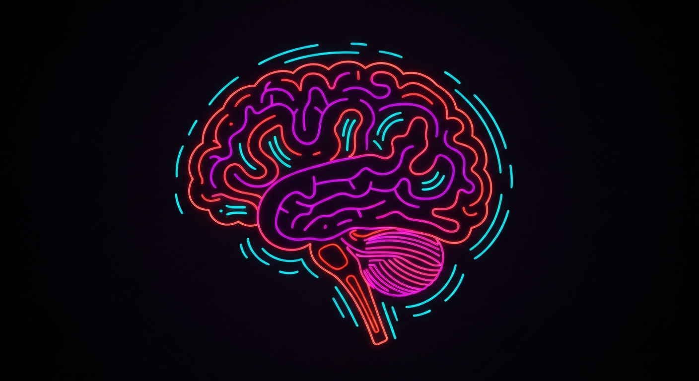 A minimalist, glowing neon outline of the brain's nucleus accumbens, the region targeted by deep brain stimulation for treating self-harm in autism, against a dark background, conceptually representing the complex interplay of promise and caution surrounding this controversial intervention.