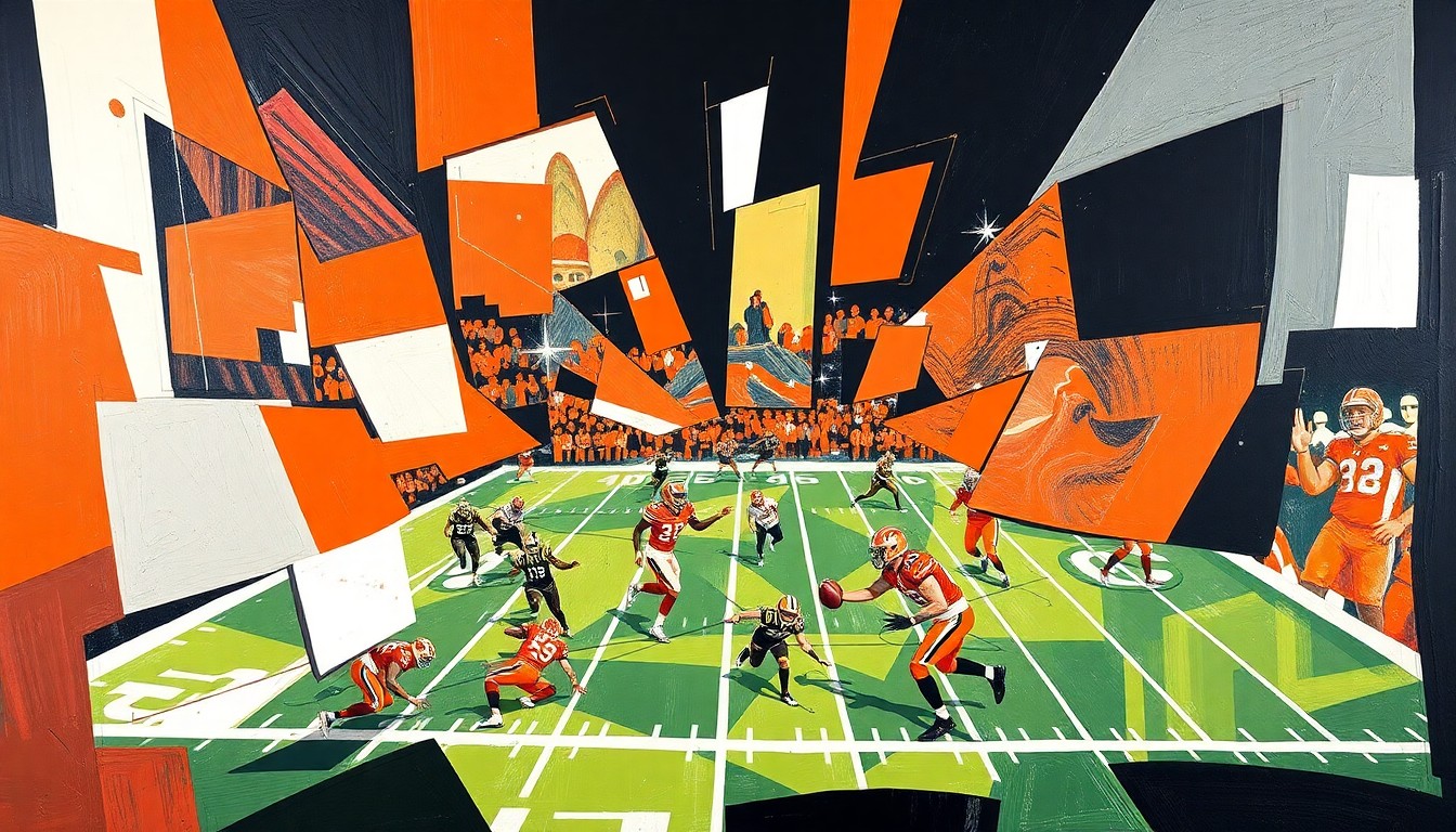 A fractured, cubist-style painting depicting a football game in progress, with sharp, overlapping geometric shapes in the Bengals' team colors of orange, black, and white, capturing the dynamic action and strategic decisions facing the team as they approach the 2026 NFL Draft.