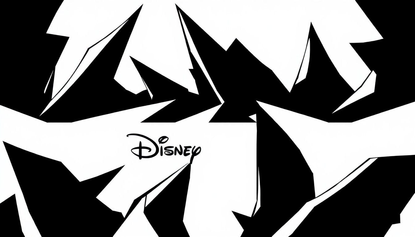 A striking black and white illustration featuring bold, angular shapes and silhouettes, capturing the conceptual essence of Disney Imagineering's artistic process.