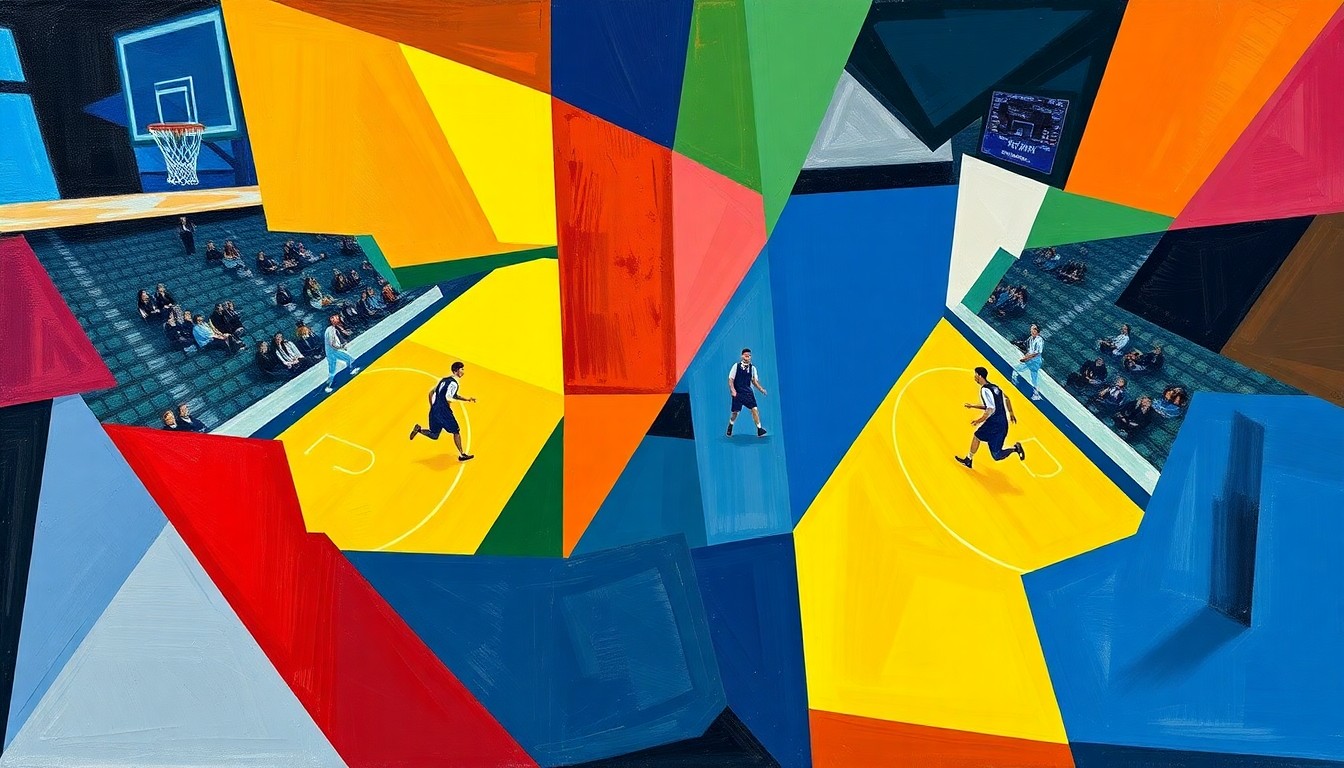 A fractured, cubist-style painting depicting a college basketball game or match, with sharp, overlapping geometric planes in vibrant team colors, conveying the strategic and ever-changing nature of the coaching carousel.