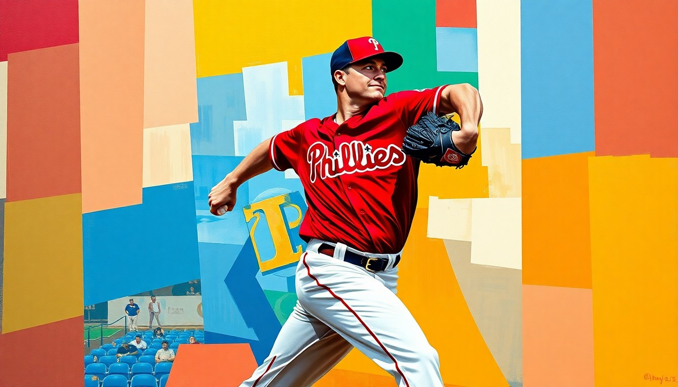 A cubist-style painting depicting a baseball pitcher's motion broken down into overlapping geometric shapes and planes, using the vibrant colors of the Phillies' uniform to convey the team's commitment to building a dominant pitching rotation.