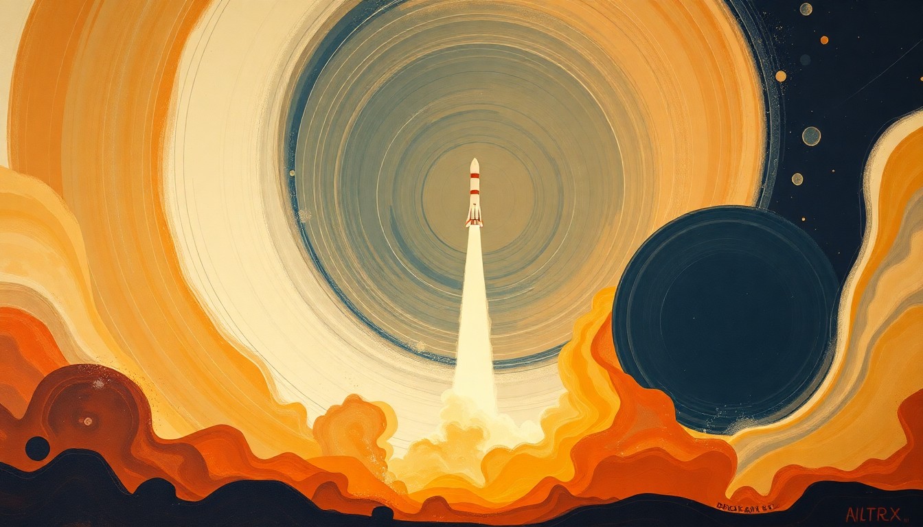 A bold, highly structured abstract painting featuring sweeping geometric arcs, concentric circles, and precise spirals in earthy tones of ochre, sage, and indigo, conceptually representing the complex scientific forces and energy behind a SpaceX rocket launch.