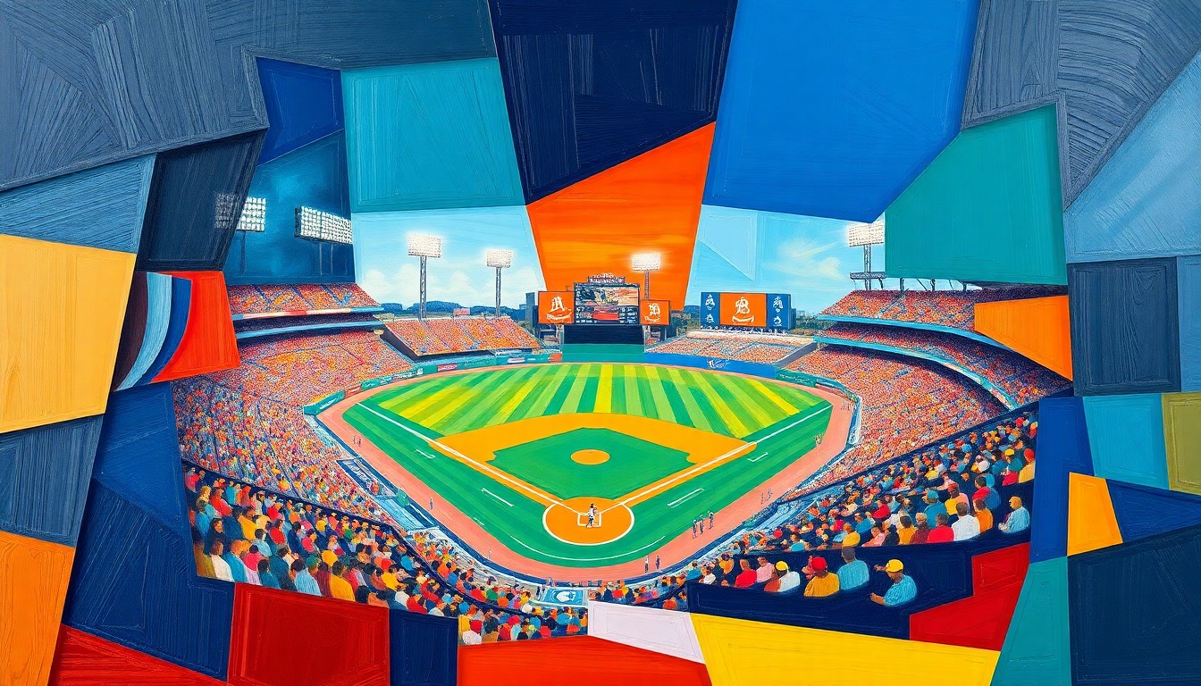 A cubist-style painting depicting a baseball game or spring training scene, with sharp geometric shapes and planes in vibrant colors like navy, orange, and green, capturing the energy and dynamics of the sport.