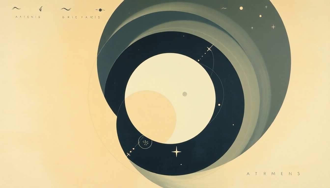 A highly structured abstract painting in muted earth tones, featuring sweeping geometric arcs, concentric circles, and precise botanical spirals, conceptually representing the complex forces and innovations behind the Artemis II mission to the Moon.