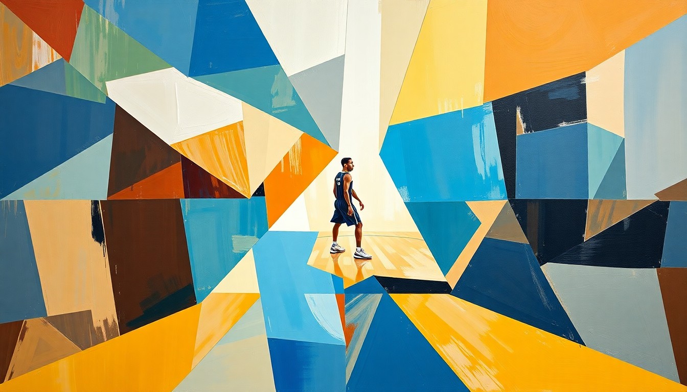 A fragmented, cubist-style painting depicting a college basketball player's transfer journey, with sharp, overlapping geometric shapes in various shades of blue, orange, and green, conveying the complexity and multifaceted nature of such decisions.