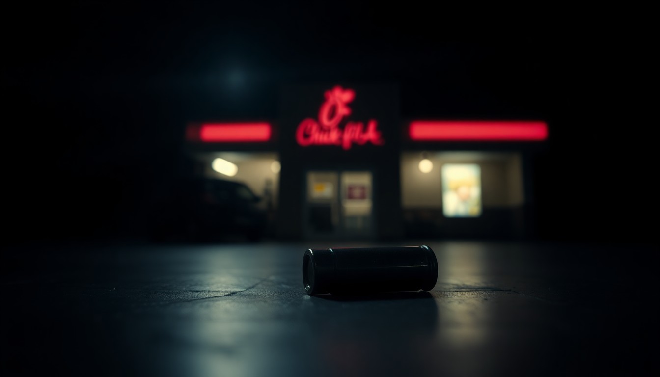 An extreme close-up photograph of a single spent bullet casing on the floor of a restaurant, capturing the stark, gritty aftermath of a violent incident.