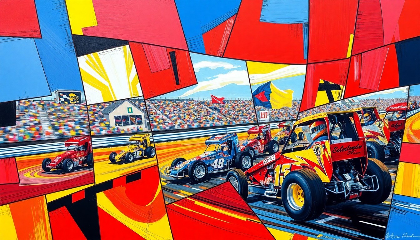 A fractured, geometric painting in bold primary colors depicting the dynamic motion and competition of a sprint car race at Attica Raceway Park, conveying the excitement and immersive experience of the event.