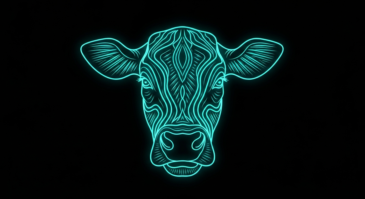 A minimalist neon outline of a cow's head glowing against a dark background, conceptually representing the hidden dangers of bovine tuberculosis in Michigan's cattle industry.