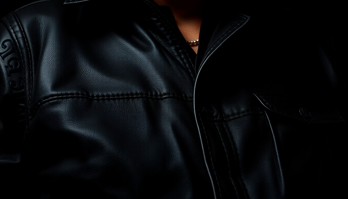 An extreme close-up photograph of a weathered, textured leather jacket, capturing the worn details and gritty aesthetic to represent the passion and activism behind Bruce Springsteen's music.