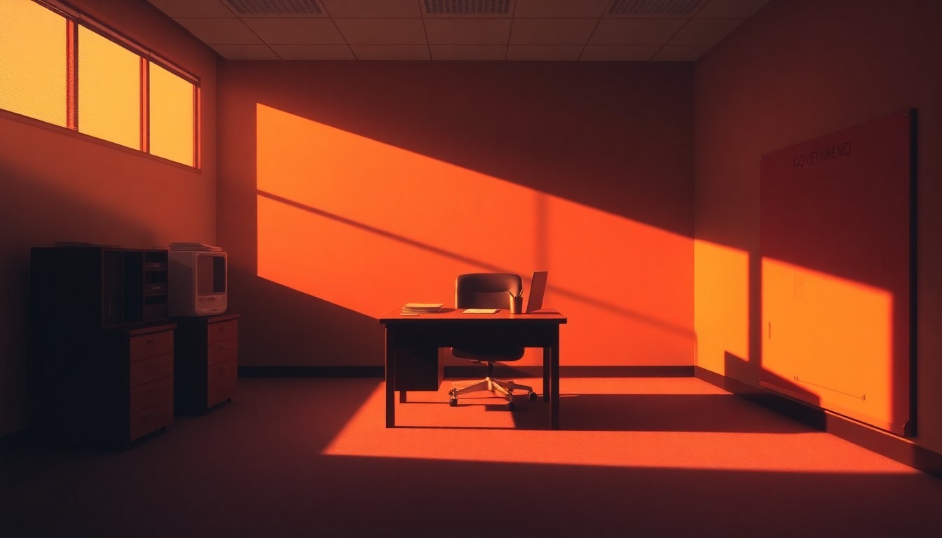 A dimly lit, cinematic painting of an empty government office desk or cubicle, with warm sunlight streaming in through a window and casting deep shadows across the space, conveying a sense of solitude and uncertainty.