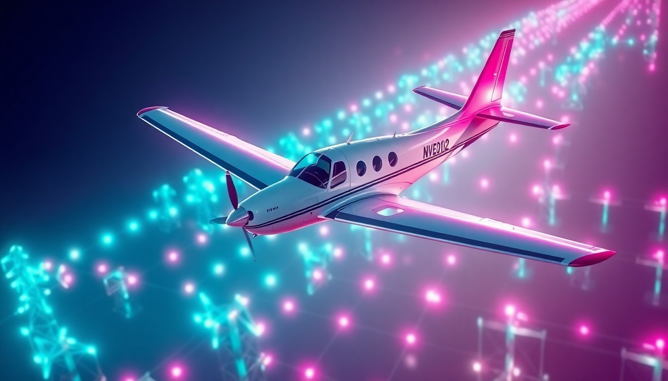 A highly detailed, glowing 3D illustration of a futuristic aircraft with multispectral cameras and LIDAR sensors, flying over a network of illuminated power transmission lines, conceptually representing the advanced technology used by the Tennessee Valley Authority to proactively manage its infrastructure.