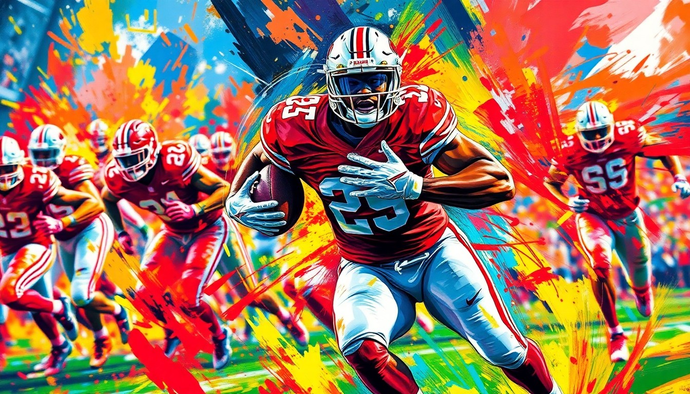 An abstract expressionist painting in vibrant neon colors, capturing the explosive energy and unpredictable movements of a college football player bursting through the line of scrimmage.