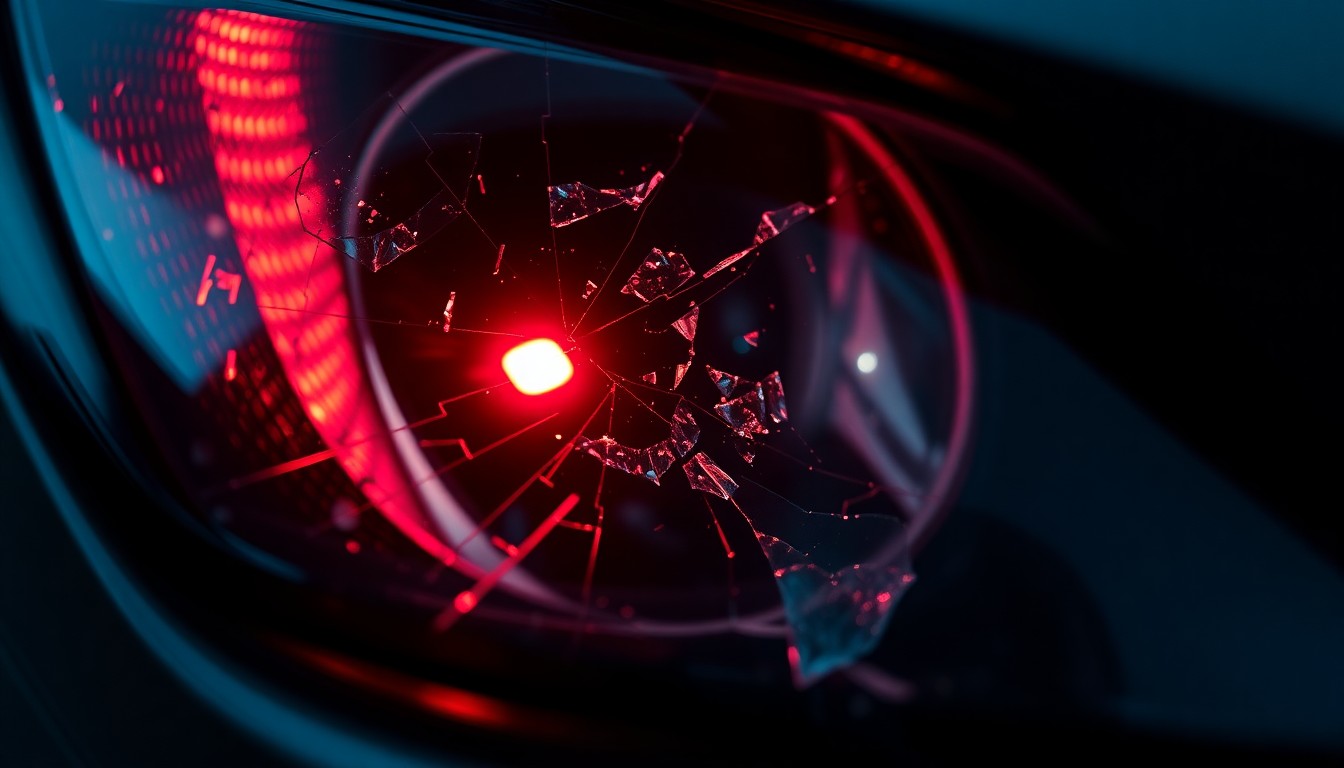 An extreme close-up of a shattered car sensor lens reflecting a faint red light, conceptually illustrating the vandalism of self-driving cars.